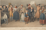 National Portrait Gallery lithograph, Richard Yates (‘Portraits of him in the various characters in his entertainment entitled “Yates’ Reminiscences”’), showing the same man in a tableau in various costumes, including an old woman in a hat and shawl, a woman with a basket on her head, a man waving a banner which reads ‘Vote for Lush’ (cut off so we can’t see what ‘lush’ was supposed to spell), a Jacobin, a man in uniform, a man in an apron sitting down, and what may be a vicar
