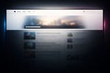 Brightly lit webpage header with navigation bar stands out while the rest of the interface fades into dark blur with subtle neon edges.