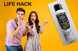 young couple man woman surprised pointing at a canola oil spray can on a yellow background