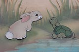 Cartoon Rabbit and Turtle looking at each other