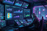 Imagem de Ambiente de trabalho futurista, com telas exibindo gráficos e dashboards, uma pessoa sentada em uma estética Cyberpunk (imagem criada por IA)