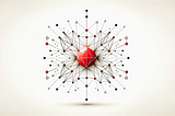 Minimalist abstract representation of a DAO startup with a central red dot symbolizing the core of decentralized technology, surrounded by interconnected lines forming a simple blockchain network, set against a spacious white background for a clean, modern look.