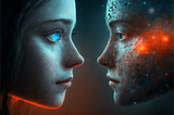 A metaphorical visualization of the Truing Test by showing two persons face each other. Left one is looking like a female human while the right one is looking like a stylized robot