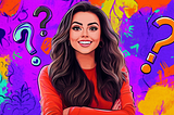A smiling woman stands confidently with her arms crossed, surrounded by bold question marks, symbolizing curiosity and inquiry.