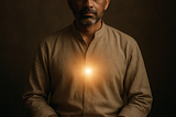 A middle-aged Indian man with light brown skin and graying hair sits peacefully in meditation. He wears a beige kurta and dark brown pants, with a warm golden light radiating softly from his chest, symbolizing inner clarity and spiritual awakening, set against a dark, blurred background that emphasizes stillness and presence.