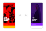 Contrast of two mobile login UIs: A jarring red version on the left versus a professional purple version on the right.