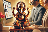 A beautifully crafted Ganesh Murti placed on a decorative pedestal, symbolizing divine blessings. In the background, a modern customer support setup with representatives assisting customers digitally, blending tradition with modern service.