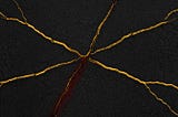 An overhead view of cracked black terrain split by seven glowing gold fault lines with deep red showing through, representing the seven markers of Silent Collapse beneath solid ground.
