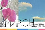 A header graphic divided in to horizontal sections. The top section has two photos next to each other with no padding. On the left is a a close-up photo of the back of two pink orchid flowers in front of a snow-covered windowsill. On the right is a a photo of a blue sky with two large clouds, and the top of a large highway streetlight pole. Below the photos is text denoting March’s edition of WILT (this post) and the metadata of the music described throughout.