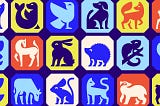 A grid of happy, colorful animals, including a rabbit, porcupine, and chameleon
