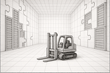 A wide-frame pencil sketch of a robotic forklift inside a vast, grid-lined data center with few computer racks. The computer racks dovetail with each other as pieces of a puzzle. The forklift is tiny in comparison to the room.