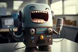 a robot singing karaoke in an office
