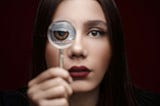 Woman with long dark hair holding a magnifying glass to her eye, to magnify it.