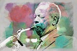 Black and white photo of Ornette Coleman, colored over with watercolor