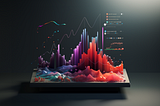 A three-dimensional view of bar charts, scatter plots, and graphs on black background.