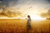 A woman with a pony tail stands in a golden field