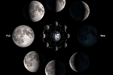 Black background The Earth in the center with an example of each Moon phase surrounding it, then a second image of each phase surrounds them with New, 1st 1/4, full and last 1/4 labled.