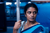A woman in a blue sari holds a support in train