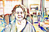 Portrait of the author in her home, an elder woman made of many different patchwork pieces of visual data. Digital art.