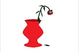 Red vase with a wilted flower.
