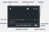 Video player interface with labeled controls: play, captions, settings, and described video. Progress bar shows 5:20/20:00. Caption text displayed.