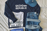 Long-sleeve, t-shirt, baseball cap, and water bottle from the Qazaq Republic brand.
