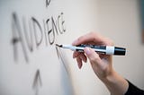 Woman’s hand writing the word ‘audience’ on a whiteboard, with arrows.