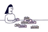 Researcher using building blocks. Each block is labeled with a section of the research plan.