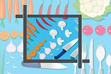 Vegetables and silverware organized on a table top and shown inside a cropped view as if in a layout by a graphic designer