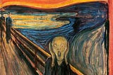 ‘The Scream’ by Edvard Munch, 1893, a dream like painting of a man holding his head with a horrified facial expression.
