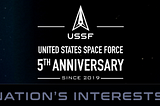 A graphic featuring USSF Space Force 5th anniversary a planetarium and a rocket going into space. Space Force, drones, defense, America