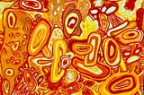 Abstract composition of biomorphic forms in vivid yellows, oranges, and reds. The scene resembles a chaotic microscopic environment, with oval and oblong shapes suggestive of cells, nuclei, and organic tissue. Many forms are ringed or layered concentrically, evoking cellular membranes or cross-sections of plant structures. Some figures have internal dot patterns, resembling spores or organelles. The background is densely packed with these shapes, creating a sense of biological entanglement.