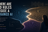A wide illustration showing a glowing curved decision boundary dividing space into three regions labeled Output A, B, and C, with scattered data points and arrows indicating learning. A woman stands to the side observing the system, while a neural network diagram appears above.
