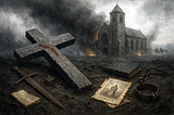 A broken cross lying in ash in front of a smoke-covered church, with symbols of Christian violence — sword, Bible pages, shackles — scattered around.
