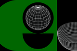 A collage ofgreen half circles and webbed white globes