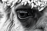 An AI generated black and white image of a close up of a llama eye