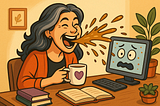 Cartoon image of author laughing and spraying a mouthful of tea at her desk