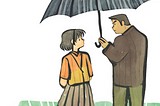 Woman looks annoyed that man is holding an umbrella.