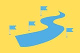 A blue graphic of a river with blue flags on poles along the path of the river.