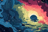 A colorful rendering of what Space could look like abound with reds and yellows, blues and blacks. Not the classic void of space but something more happy and inviting.