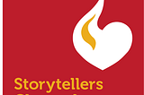 This is a red, yellow and white logo for the Storytellers Channel.