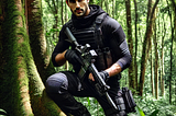 Male assassin in black tactical gear standing beside a tree in dense forest