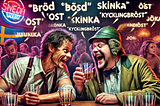 an AI rendering of two very drunk guys at a bar, an obviously american guy talking with a weird swedish guy with swedish word bubbles over their heads.