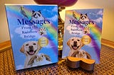 A box of oracle cards leans against a lamp on an end table with the guide booklet to its right. The oracle card box and booklet shows a blue sky with white cloud and a rainbow with pictures of a bird, cat, hamster, dog and rabbit. The words are: Messages From the Rainbow Bridge. Oracle Cards.