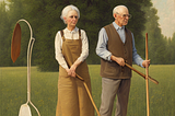 ai generated recreation of the painting American Gothic. An elderly woman with white hair wearing a brown apron standing next to an elderly man wearing a brown vest over a blue shirt standing on a green lawn with trees in the background. They are holding and are surrounded by what looks like wooden tools but cannot be identified to match any tools in real existence.