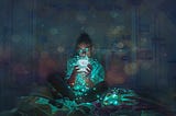 Girl sitting on a bed, illuminated by dreamy lights she is holding