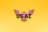 A pink eagle behind the letters US AI, on a gradient background in yellows.
