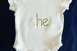a white babygrow with the words “she” embroidered on it. The S is in white, the HE is in green. This represents how I feel my daughter is rendered invisible by the linguistic patriarchy in many parenting books and articles.