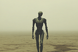 Love robot walking in a desolate land