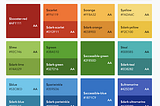 A color grid representing 23andMe’s color palette. Each color includes the color name, hex value, and WCAG conformance level.